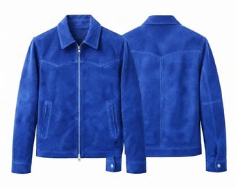 Men's Royal Blue Suede Leather Jacket, Handmade Bomber Style