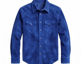 Men's Royal Blue Suede Leather Shirt | Handmade Button-Up, Soft Texture