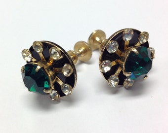 Beautiful Emerald Green Screw Back Earrings Gold Tone Coro