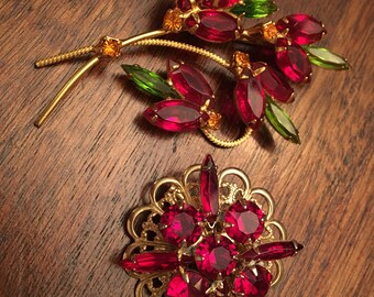 2 Vibrant Red Orange Green Brooch Pin Goldtone