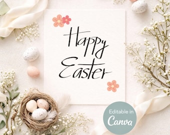 Plantilla de tarjeta de Pascua editable, Feliz Pascua escrita a mano, Tarjeta imprimible de 5x7, Plantilla de Canva, Saludo de Pascua para móvil, Descarga instantánea
