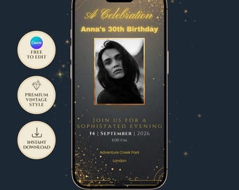 Invitación de cumpleaños personalizada para adultos con foto / Invitación de cumpleaños Art Déco editable / Descarga instantánea