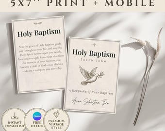 Tarjeta de bautismo vintage, recuerdo / Plantilla editable de Canva / Descarga digital instantánea