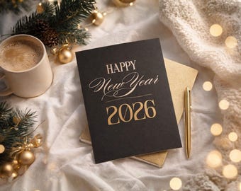 Plantilla de Canva para tarjeta de Año Nuevo 2026: Tarjeta minimalista editable + Historia imprimible de 5x7 y para móvil