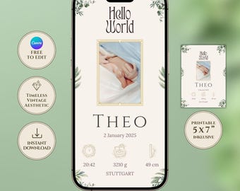 Plantilla de anuncio de nacimiento, anuncio de bebé editable, tarjeta con foto para recién nacido, plantilla imprimible 3 en 1, Canva Edit