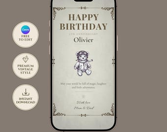 Plantilla editable de invitación de cumpleaños para niños / Tarjeta electrónica móvil de estilo vintage / Descarga digital