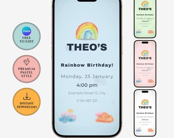 Plantilla editable de invitación de cumpleaños infantil / Tarjeta electrónica móvil estilo arcoíris bohemio / Descarga digital