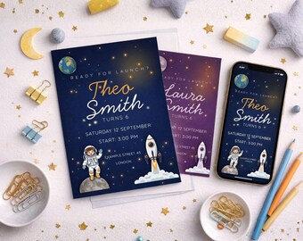 Plantilla de invitación de cumpleaños espacial, editable en Canva, invitación para fiesta de astronauta, imprimible y móvil de 5x7 (1080x1920), temática espacial para niño y niña.
