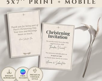Invitación de bautismo vintage / Plantilla editable de Canva / Descarga digital instantánea