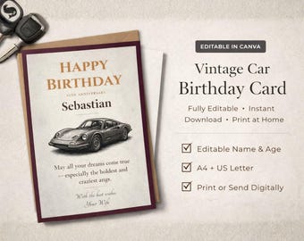 Plantilla de tarjeta de cumpleaños de coche clásico para él, tarjeta de cumpleaños editable en Canva, tarjeta imprimible de coche, cumpleaños personalizada, descarga instantánea