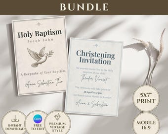Paquete de invitaciones y tarjetas de bautizo vintage / Plantilla editable de Canva / Descarga digital instantánea