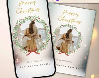 Plantilla Canva de tarjeta fotográfica navideña animada / Tarjeta navideña familiar editable / Imprimible en 5x7 y para dispositivos móviles / Descarga instantánea