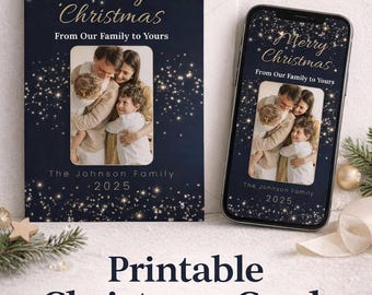 Plantilla de tarjeta navideña con foto editable, tarjeta familiar navideña, resumen del año, diseño imprimible, Canva editable (digital, descargable)
