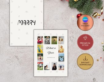 Plantilla de tarjeta navideña con foto editable, dibujada a mano, para familias, resumen del año, imprimible, Canva editable (digital, descargable)