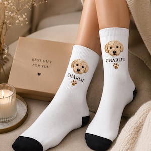 May include: A pair of white crew socks with black toe and heel sections. Each sock features a graphic of a light brown curly-haired dog face above the name CHARLIE in black text and a small brown paw print icon centred on the upper ankle area.
