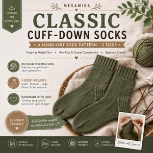 May include: A digital pattern for classic cuff-down socks by Megamira, featuring text for three sizes, fingering weight yarn, and heel flap construction. The image displays two olive green hand-knit socks and a small photo of knitting.