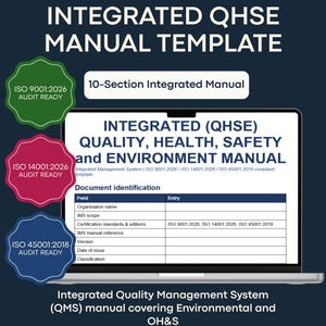 May include: A PrimeSuite Integrated QHSE Manual Template for MS Word. The document features a 10-section integrated manual, ISO 9001:2026, ISO 14001:2026, and ISO 45001:2018 audit ready status, document identification fields, and editable content.