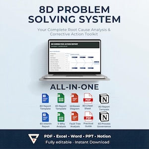 8D Problem Solving System • Root Cause Toolkit • Report, Ishikawa, 5 Why, Fault Tree Template (Excel + Word + PPT + Notion)