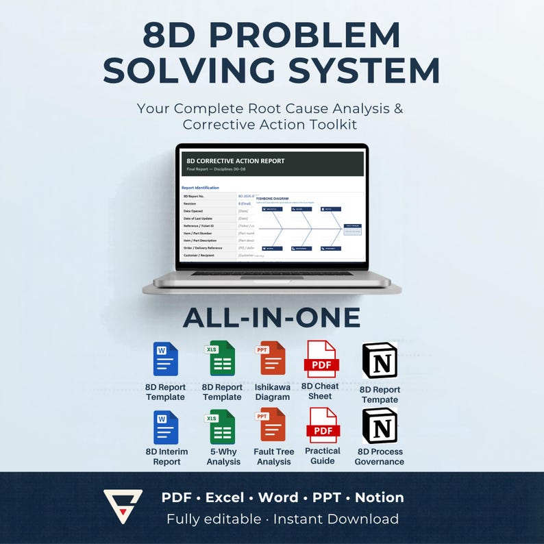 8D Problem Solving System • Root Cause Toolkit • Report, Ishikawa, 5 Why, Fault Tree Template (Excel + Word + PPT + Notion) image 1