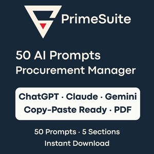 Pode incluir: Gráfico azul escuro com o texto "AI Prompt Pack" e "PrimeSuite". A imagem promove "50 prompts de IA" para um "Procurement Manager". Destaca "ChatGPT, Claude, Gemini" e está "Pronto para copiar e colar" em formato PDF. Menciona também "50 prompts, 5 seções, download instantâneo."