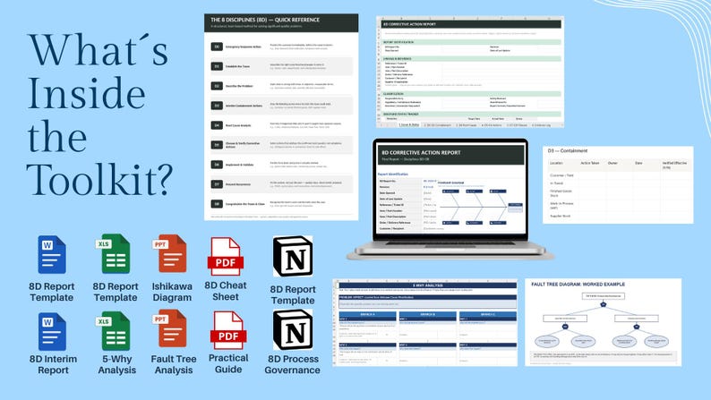 8D Problem Solving System • Root Cause Toolkit • Report, Ishikawa, 5 Why, Fault Tree Template (Excel + Word + PPT + Notion) image 2