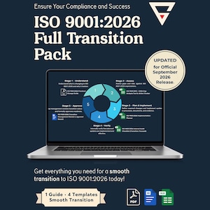 May include: A laptop displaying a five-stage circular diagram for an ISO 9001:2026 transition. Text includes "Ensure Your Compliance and Success," "ISO 9001:2026 Full Transition Pack," "UPDATED for Official September 2026 Release," and "1 Guide 4 Templates."