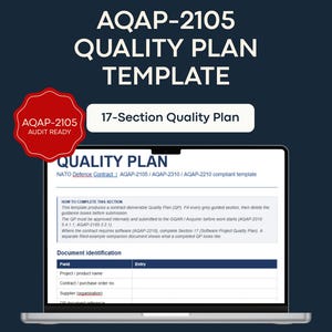 May include: A digital AQAP-2105 Quality Plan template for MS Word, displayed on a laptop screen. The document features a 17-section layout, document identification fields, and guidance text for NATO defence contract compliance and audit readiness.