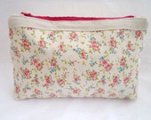 Ivory and Pink Flowers Cotton and Linen Makeup Bag