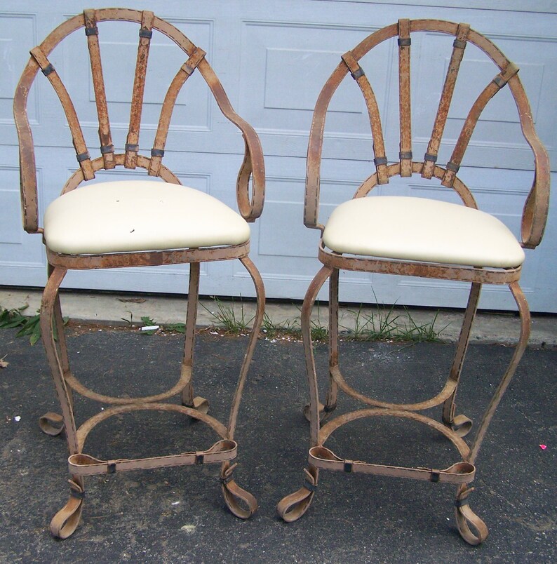 Chairs Pair Vintage Iron Bar Chairs Two Bar Stools Pool Chairs Patio Chairs Unique Bar Chairs Mid Century Eclectic Style