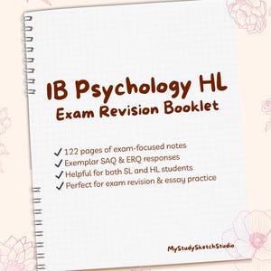 May include: A spiral-bound notebook titled "IB Psychology HL Exam Revision Booklet." The cover features the title in brown text, with bullet points listing exam-focused notes, exemplar responses, and helpful information for students. The notebook has a grid-lined paper design.