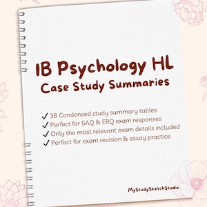 May include: A spiral-bound notebook with the title "IB Psychology HL Case Study Summaries" in brown text. The notebook includes bullet points highlighting key features like study tables and exam details. The MyStudySketchStudio logo is at the bottom.