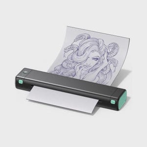 May include: A black and gray portable scanner with mint green accents is shown with a sheet of paper. The paper features a blue pen drawing of a woman with snakes for hair. The scanner is designed to scan documents.