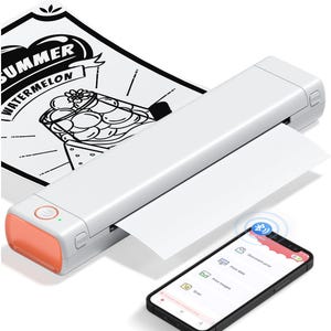 May include: A white and orange portable document scanner with a black and white illustration of a watermelon. A smartphone displays the scanner's app interface. The scanner is connected to the phone via Bluetooth.