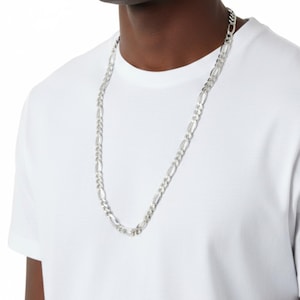 10 mm Figaro Chain Necklace For Men, Heavy Link Chain, 925 Sterling Silver