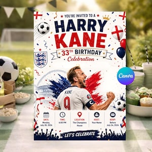 Uitnodiging voor de 33e verjaardag van Harry Kane, sjabloon voor een voetbalfeest (digitale download)