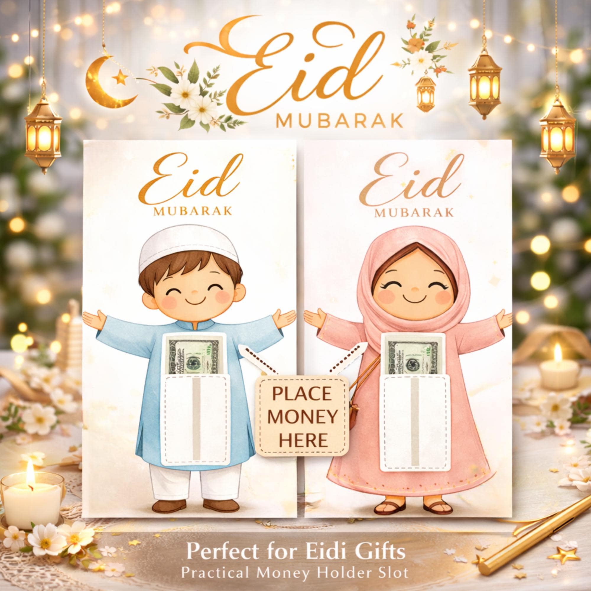 Eidi Design Printable Eid Mubarak Money Holder Card | Eidi Envelope Template | Eid ...