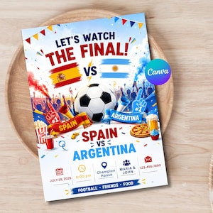 アルゼンチン対スペイン決勝戦招待状、編集可能なCanvaサッカー観戦パーティー招待状、サッカーワールドカップ決勝パーティーテンプレート