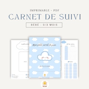 Puede incluir: Un diario de cuidado del bebé con una cubierta azul que presenta una nube sonriente y nubes blancas. El texto dice "Mon petit carnet de suivi" y "de 0 a 3 meses". El diario está diseñado para bebés de 0 a 3 meses.