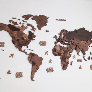 3D Wooden World Map Wall Decor, 5th Anniversary Travel Gift - Wood Map of the World Travel Wall Décor