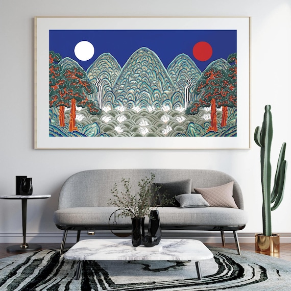 Korean Royal Screen Art Irworobongdo Print, Sun Moon Peaks