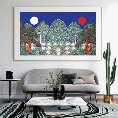 Korean Royal Screen Art Irworobongdo Print, Sun Moon Peaks