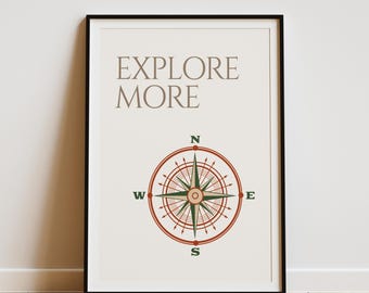 Explorez plus - Poster boussole pour enfants, oeuvre d'art imprimable de l'aventure, décoration murale pour chambre d'enfant, illustration dessinée à la main