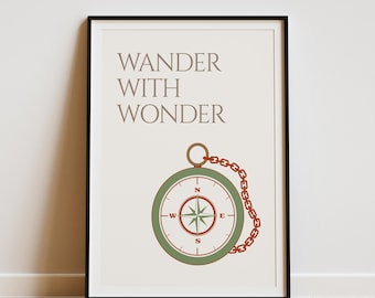 Wander With Wonder - Poster imprimable pour enfants, boussole dessinée à la main, décoration d'aventure pour chambre d'enfant