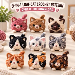 Virkmönsterpaket för Loaf Cat | Virkad leksak | 9 i 1 plyschkattunge-amigurumi PDF | Mönster för chenillekatt med låg sömnadsgrad | Omedelbar digital nedladdning