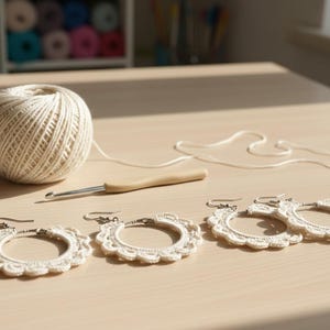 Op de afbeelding: Een bol crèmekleurig garen, een haaknaald en drie paar witte, gehaakte oorringen met geschulpte randen liggen op een licht houten oppervlak. De oorbellen hebben zilverkleurige oorhaken. De scène suggereert een knutselproject.