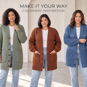 May include: Three long-sleeve knit cardigans in sage green, rust orange, and denim blue, each featuring a button-front closure, two front pockets, and a ribbed hem. The text "MAKE IT YOUR WAY COLORWAY INSPIRATION" is displayed at the top.