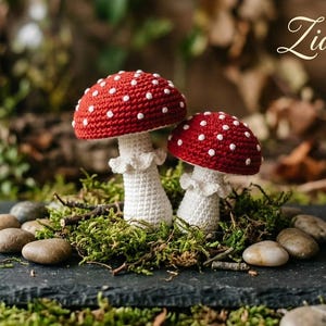 May include: Two crocheted mushrooms with red caps featuring white spots and white stems with ruffled collars. The text ZiaDigitize is visible in the upper right corner. The mushrooms are arranged on a dark rectangular slate base.