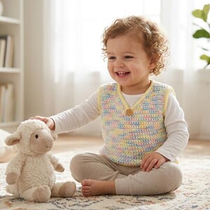 May include: A sleeveless crochet vest featuring a pastel variegated yarn pattern in shades of yellow, blue, and pink. The vest has a V-neckline, a single wooden button closure at the center, and a solid yellow crocheted trim along the edges.
