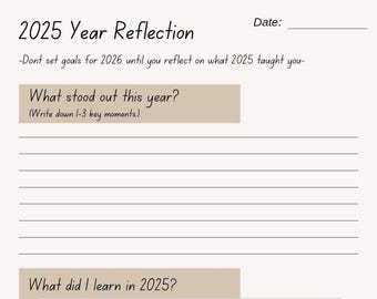 Wydrukowana refleksja na rok 2025 | Minimalistyczny dziennik autorefleksji | Podsumowanie roku w formacie PDF | Arkusz resetu nastawienia | Laboratorium 1%