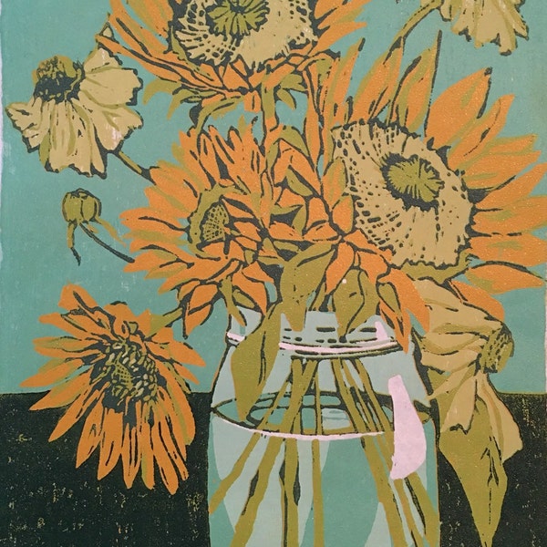 Sunflower Blooms, original woodblock print